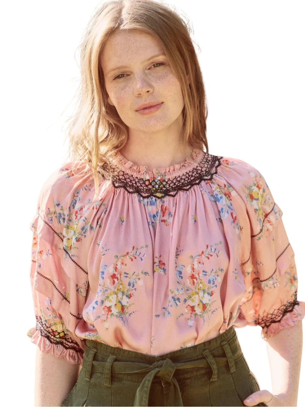 The Great Pink Folklore Top Smocked Neck Tiered Ruffle Sleeve Blouse